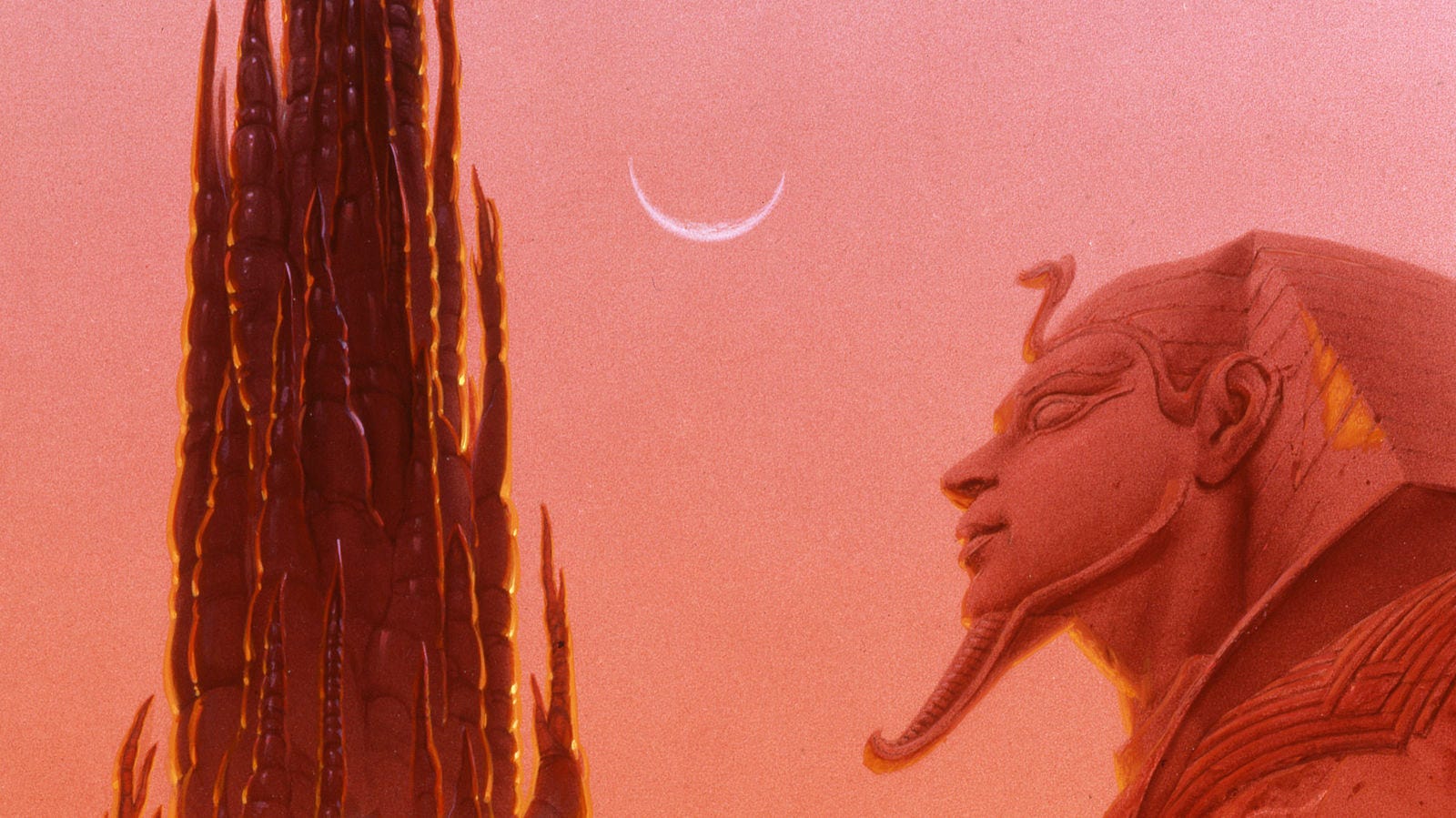 Detail from MOUNTAIN OF BLACK GLASS featuring a spire made of glassy projections reminiscent of stalagmites. To the left is the face of a sphinx. A sliver of crescent moon hangs between the two. Detail from MOUNTAIN OF BLACK GLASS featuring a spire made of glassy projections reminiscent of stalagmites. To the left is the face of a sphinx. A sliver of crescent moon hangs between the two.