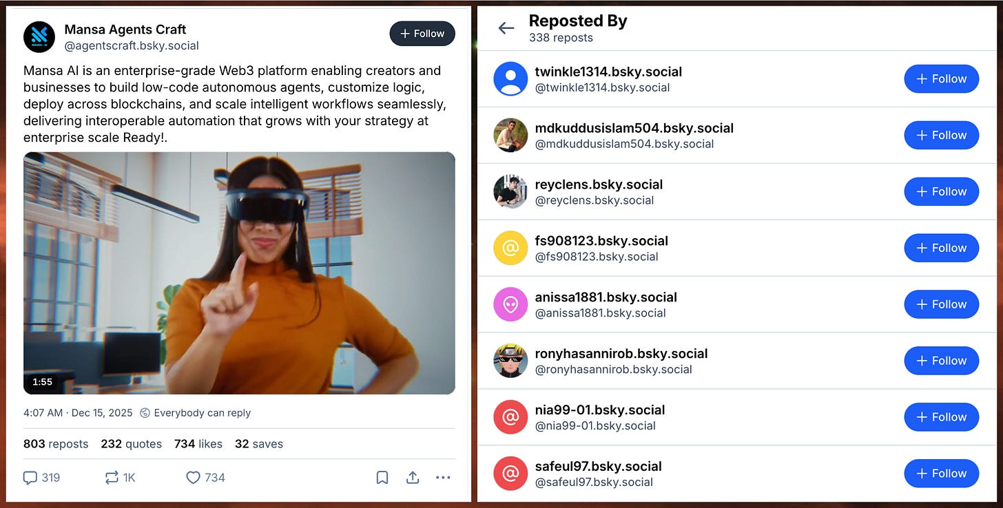 screenshot of a post from @agentscraft.bsky.social with 1000 reposts and the text "Mansa AI is an enterprise-grade Web3 platform enabling creators and businesses to build low-code autonomous agents, customize logic, deploy across blockchains, and scale intelligent workflows seamlessly, delivering interoperable automation that grows with your strategy at enterprise scale Ready!.", accompanied by reposts from spam accounts