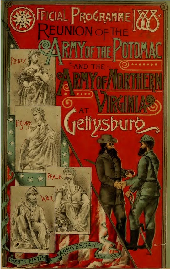 Colorful cover of the official program for the 1888 Gettysburg reunion of the Army of the Potomac and Army of Northern Virginia, featuring illustrations of Union and Confederate veterans shaking hands.