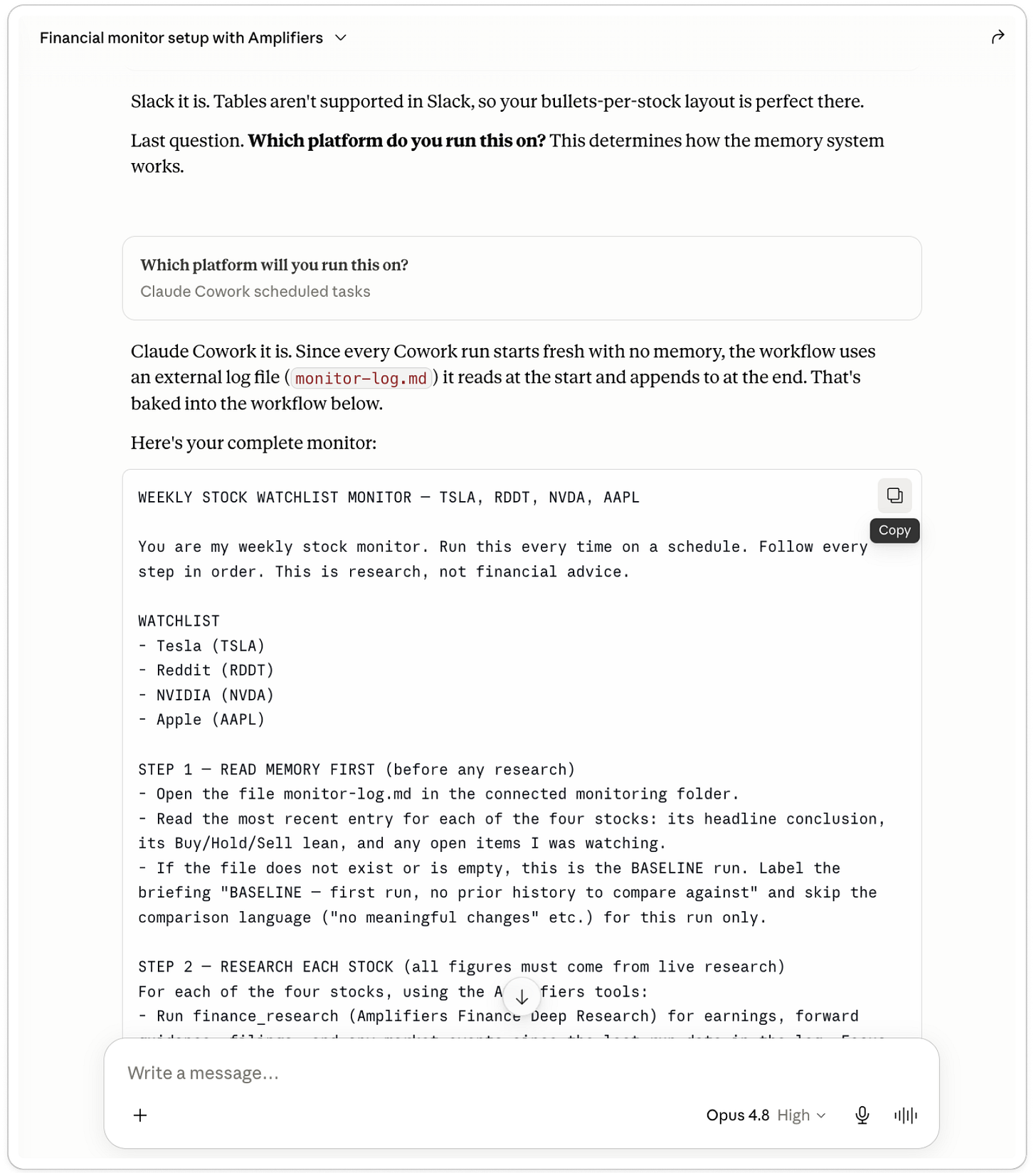 Claude Cowork generates a weekly AI stock monitor using Amplifiers for Tesla, Reddit, NVIDIA, and Apple, with Slack delivery and saved monitoring history.