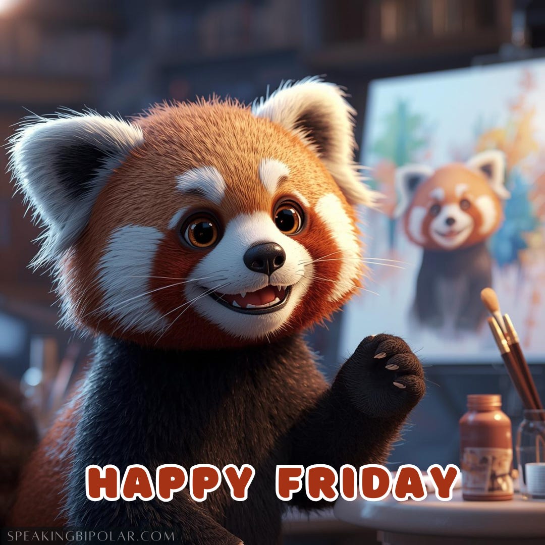 A happy cartoon red panda watching a watercolor painting instruction video