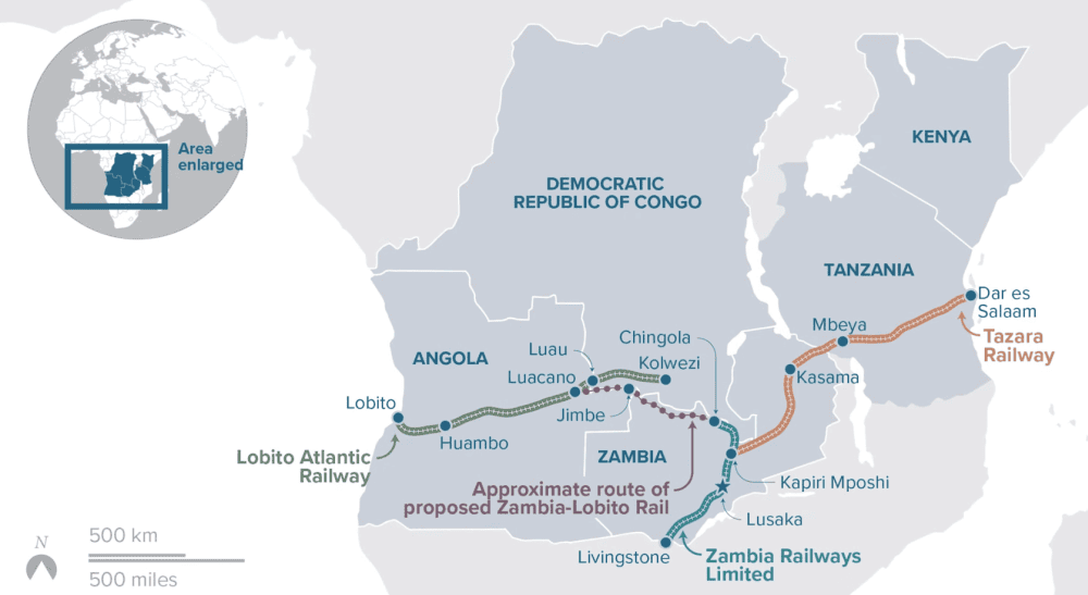 Map of the Lobito Corridor railway connecting Angola, Zambia, and the Democratic Republic of Congo.