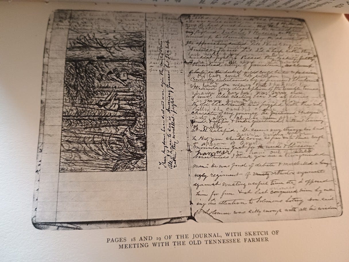 Open journal with handwriting and pencil drawing of two men in woods
