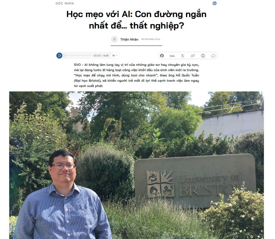 May be an image of ‎1 person and ‎text that says "‎ဝေ NHÌN Học mẹo với Al: Con đường ngắn nhất để... thất nghiệp? Thiện Nhân 20/09/20250152 00.00 6.46 SVD Zolo không làm lung y vỊ Vị của những giáo L hay chuyên gia lak cựu, mà dan Hang tước hàng công việc khời iên mới rar trường. "Học moo chạu mô hình, dùng tool cho nhanh", theo ong H6 Tuấn (Đại Bristol), อ người mất م ابا thế cạnh tranh việc làm ngay từ vạch xuất phát.‎"‎‎
