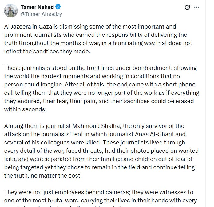 Al Jazeera abruptly terminates contracts of Palestinian Journalists in Gaza during ongoing Israeli genocide