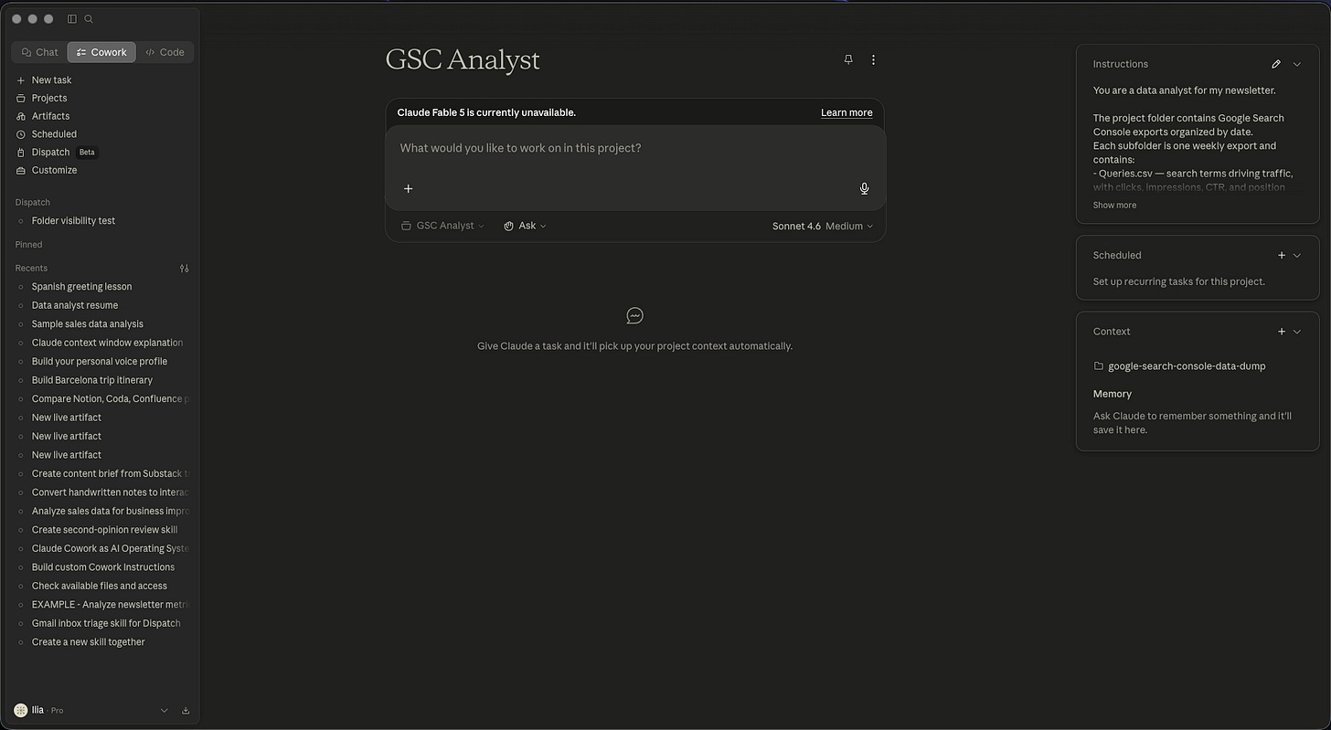 New Claude Cowork GSC Analyst project with data folder connected and instructions ready
