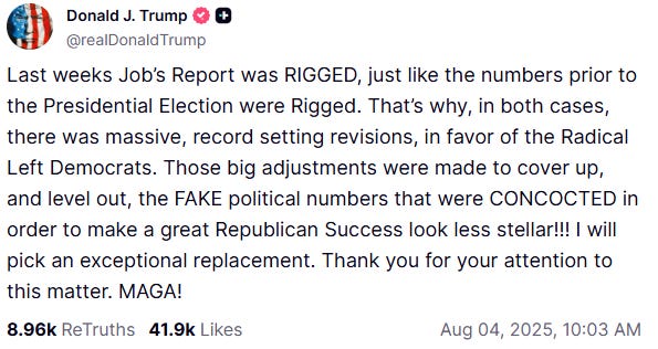 Trump Truth Social Jobs Report Rigged