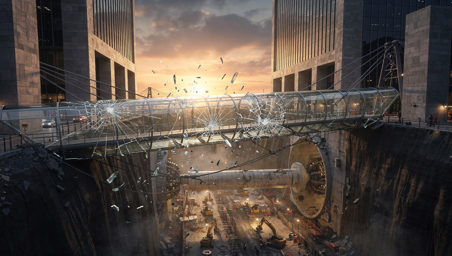A dramatic landscape photograph at sunset showing a futuristic glass and steel bridge cracking and failing over a deep chasm. Large spiderweb cracks spread across the glass deck, shards falling. Flanking the chasm are two massive, monolithic bank skyscrapers constructed of solid stone and dark glass. Below the crumbling glass bridge, intense industrial construction activity is visible as the two bank buildings bore a direct, robust underground concrete tunnel connecting them, bypassing the failing bridge entirely. The contrast between the fragile bridge above and the solid tunnel below is emphasized. Cinematic lighting, hyper-realistic.