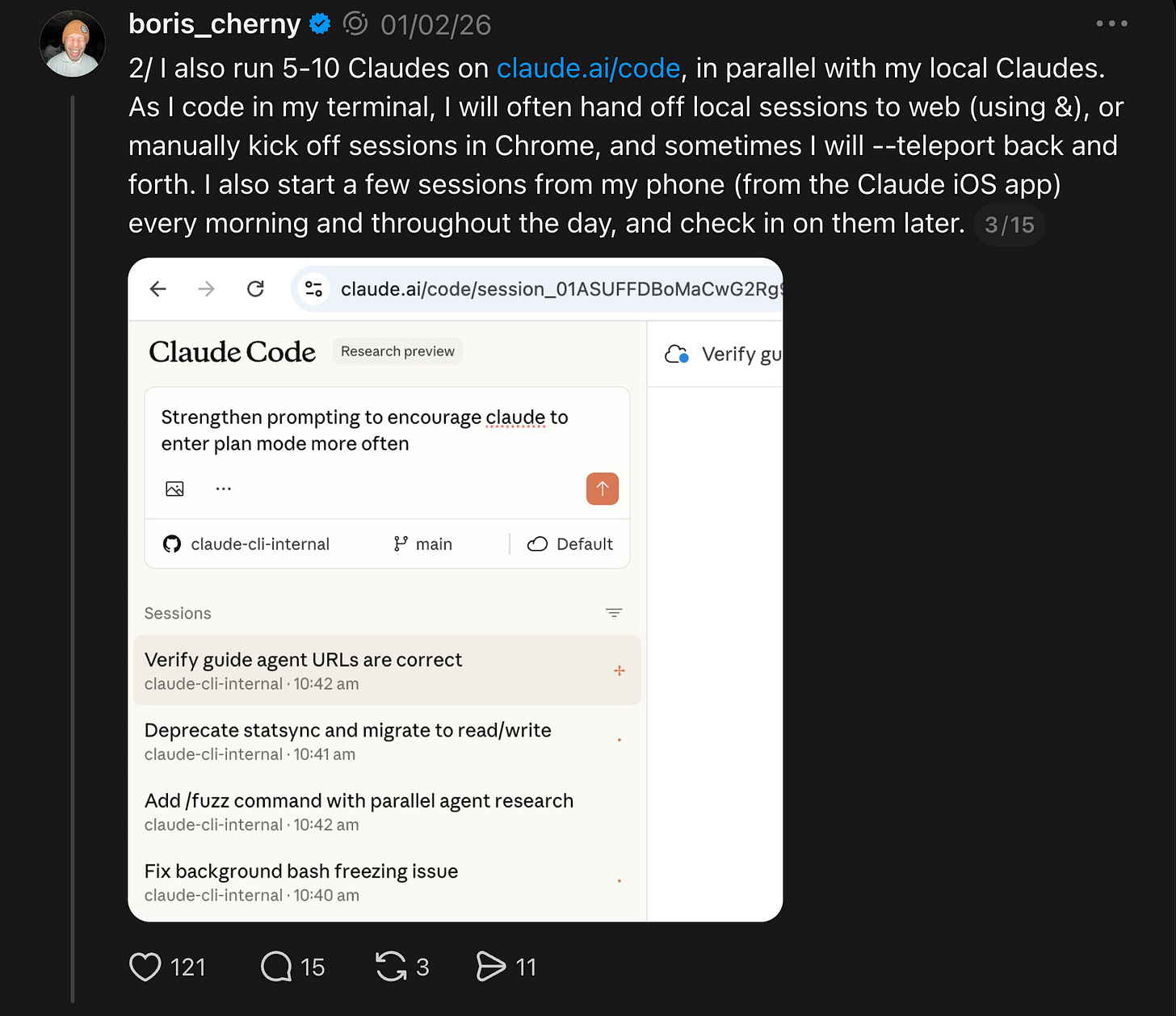 Boris running web Claude sessions on claude.ai/code