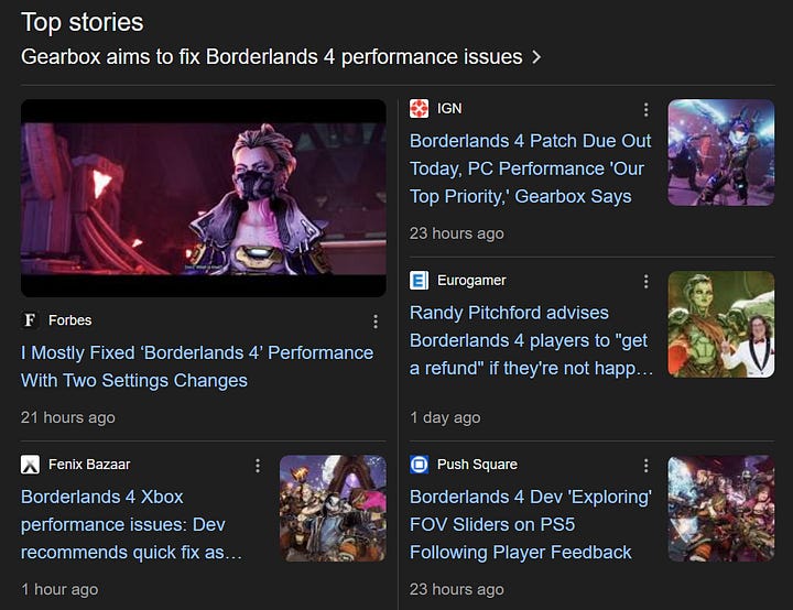 Image of the OpenCritic score (average 84% among top critics), and a screenshot of trending stories on Google about performance issues.