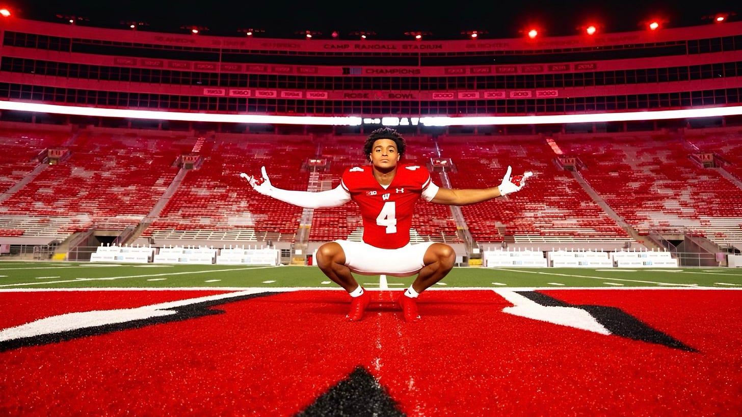 2026 Wisconsin Badgers commit Donovan Dunmore stands on the field at Camp Randall Stadium during an official visit photoshoot. 2026 Wisconsin Badgers commit Donovan Dunmore stands on the field at Camp Randall Stadium during an official visit photoshoot.