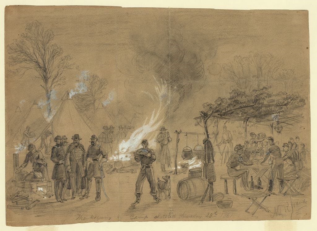 Sepia drawing of union soldiers in a camp with tents, a large campfire, pots over a cooking fire, and soldiers around tables under a crude shelter Sepia drawing of union soldiers in a camp with tents, a large campfire, pots over a cooking fire, and soldiers around tables under a crude shelter