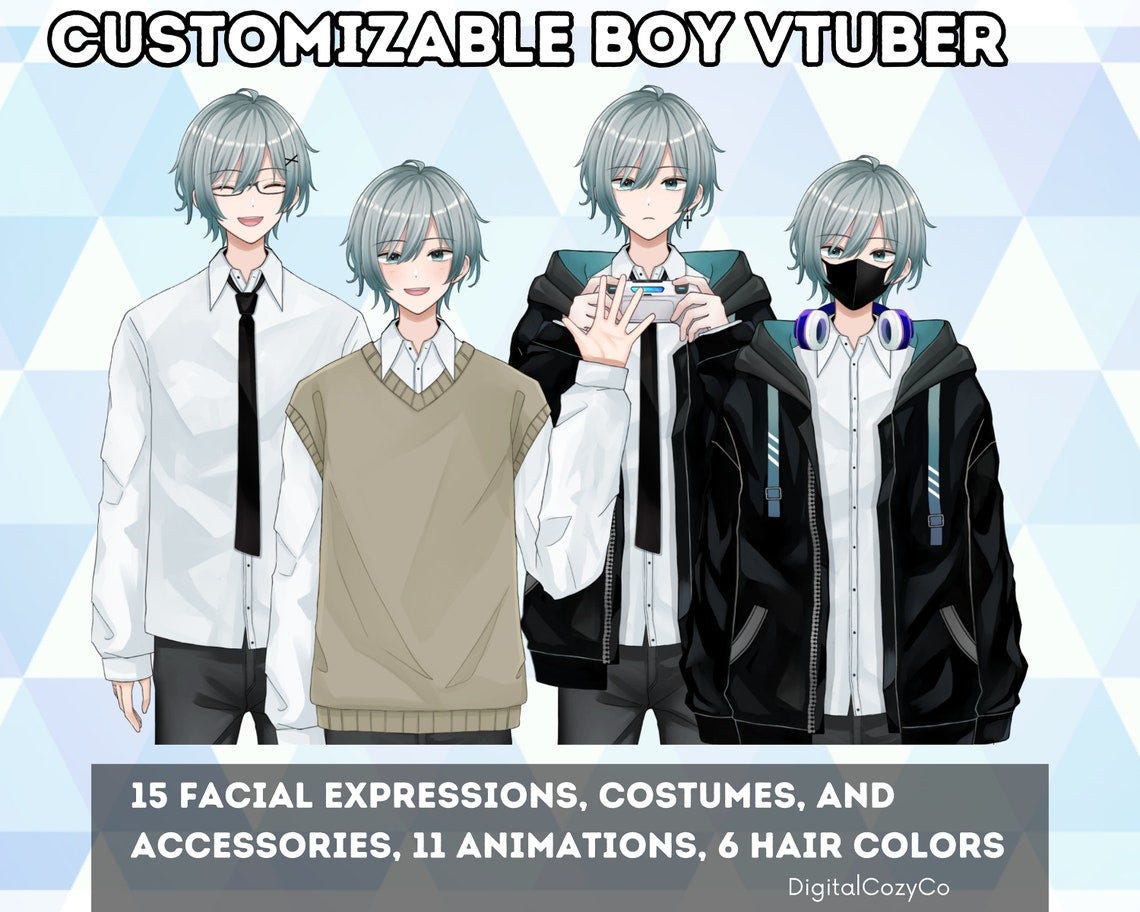 May include: Four illustrations of a customizable boy VTuber character with different facial expressions, clothing, and accessories. The character has gray hair and is wearing a white shirt, black tie, black pants, and a beige sweater vest. The character is also wearing a black hooded jacket, a black face mask, and headphones. The text on the image reads: 'CUSTOMIZABLE BOY VTUBER', '15 FACIAL EXPRESSIONS, COSTUMES, AND ACCESSORIES, 11 ANIMATIONS, 6 HAIR COLORS', and 'DigitalCozyCo'.