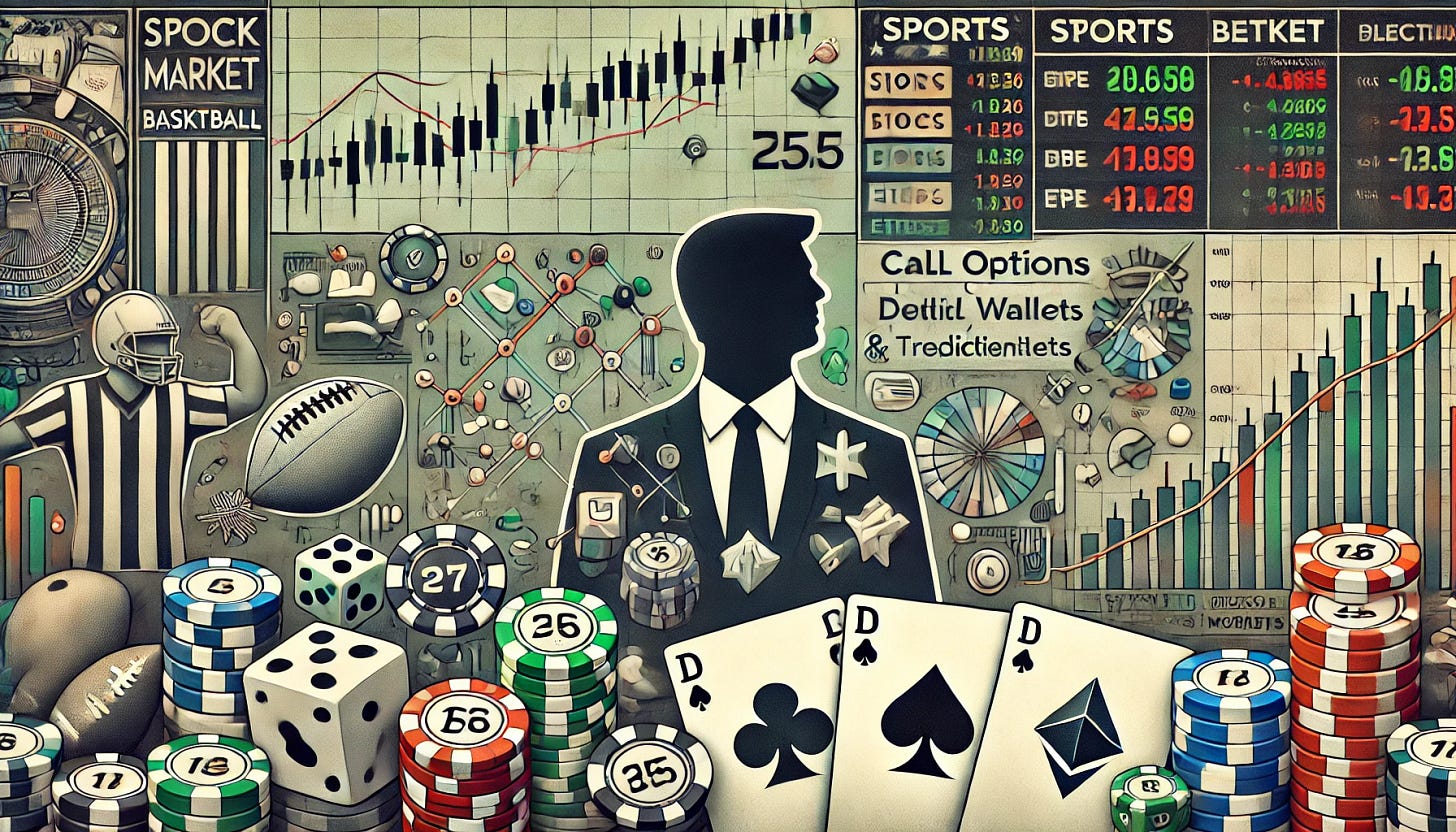 A cover photo illustrating the convergence of sports betting, stock market speculation, and political betting in a less flashy, more subdued style. The background features a simplified stock market chart with subtle fluctuating lines and candlesticks. In the foreground, smaller icons of various sports like football, basketball, and horse racing, along with a discreet betting slip or odds. Overlaid stock tickers and symbols showing significant companies, with minimal call options and derivatives symbols. Symbols for major cryptocurrencies like Bitcoin and Ethereum with subtle digital wallet transaction lines. An image of a voting ballot or election booth, subtly indicating prediction markets with a small, understated chart showing probabilities. Central focus on simplified dice, poker chips, and fanned playing cards representing gambling. Subdued color scheme with muted greens, blues, and reds, creating a cohesive and less flashy image.