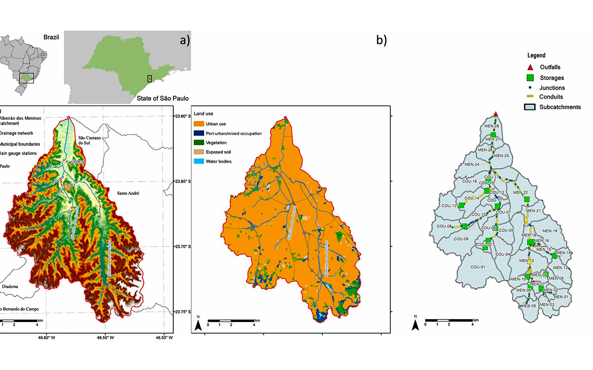 Mapas ilustrando a locação, topografia e divisões da bacia do Ribeirão dos Meninos, e a classificação por cores da resiliência a inundações calculada em 15 períodos de chuvas Mapas ilustrando a locação, topografia e divisões da bacia do Ribeirão dos Meninos, e a classificação por cores da resiliência a inundações calculada em 15 períodos de chuvas
