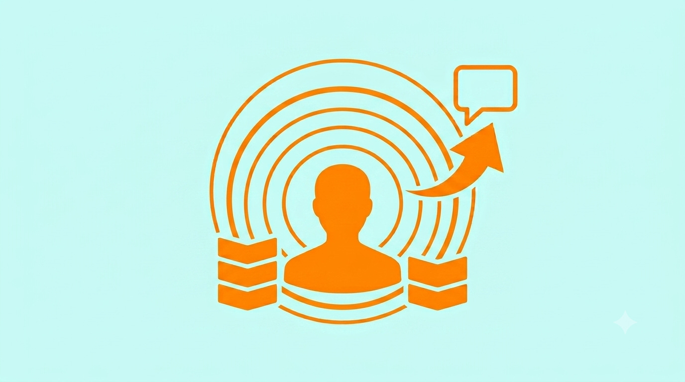 An orange graphic on a light teal background shows a central bust figure with five stacked orange lines to its left and right and an upward-curving orange arrow to its top-right, next to an orange speech bubble. An orange graphic on a light teal background shows a central bust figure with five stacked orange lines to its left and right and an upward-curving orange arrow to its top-right, next to an orange speech bubble.