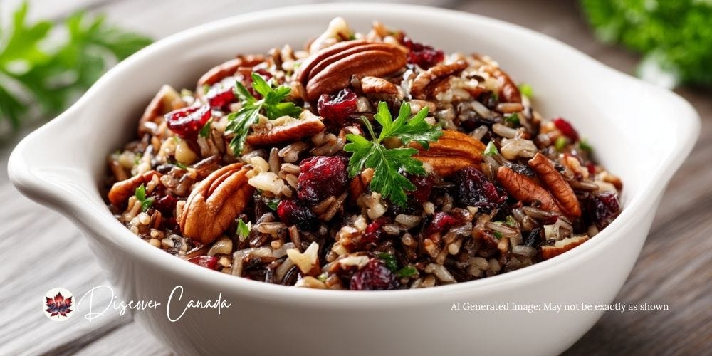 A bowl of wild rice pilaf with cranberries and nuts.
