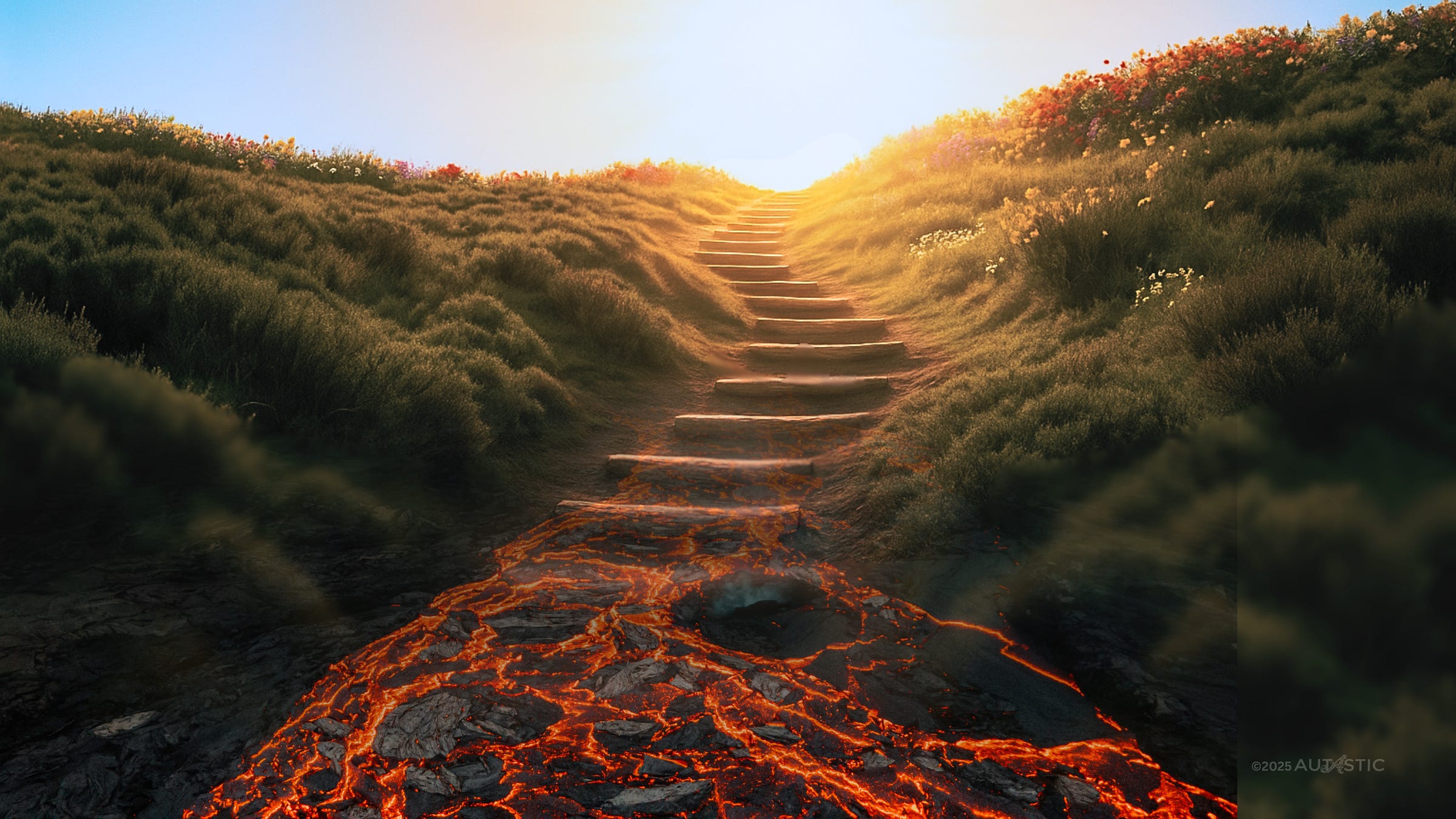 A hillside with steps rising in the middle from hot lava at the bottom to a verdant sunny day at the top.