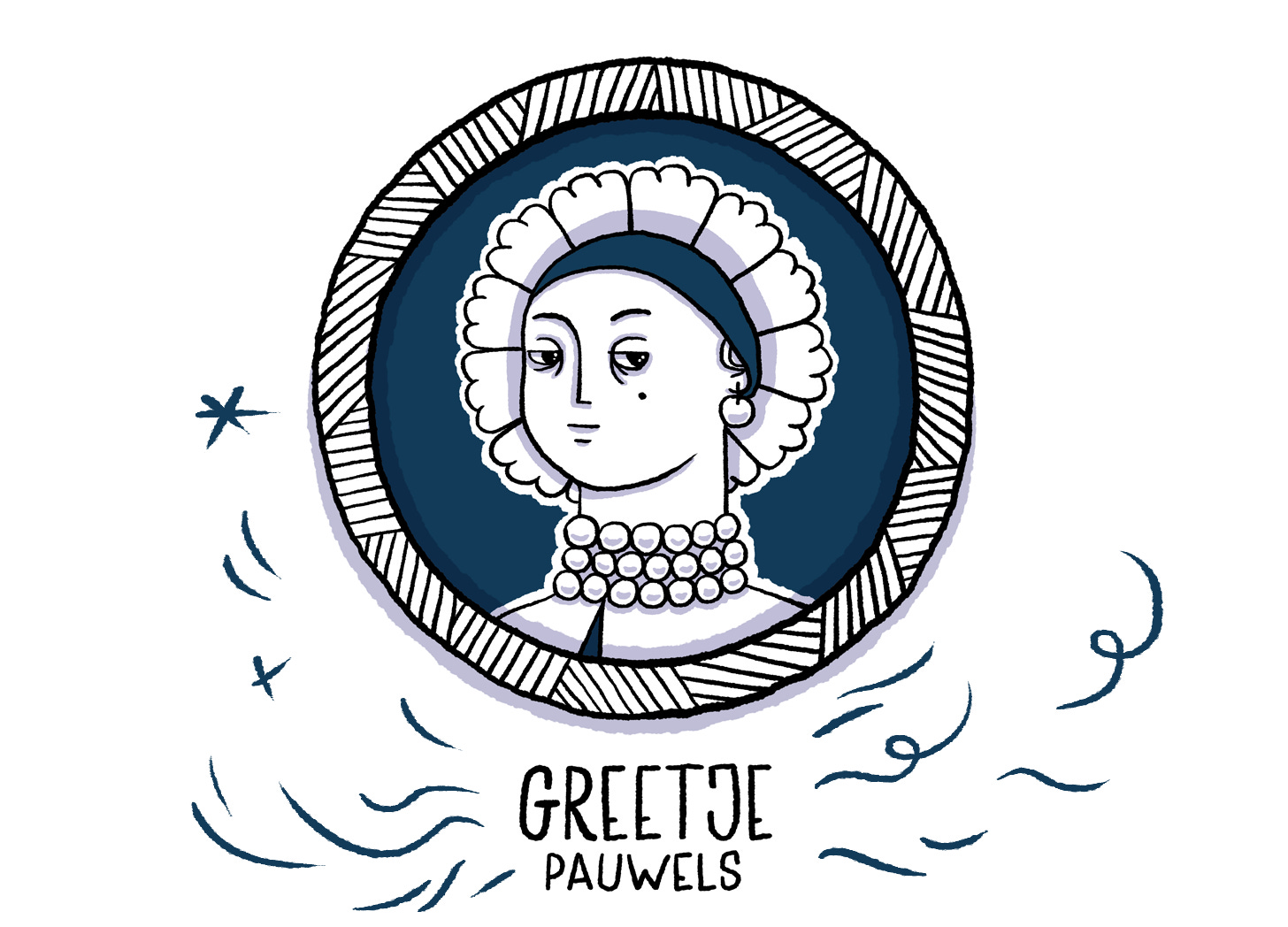 Woman in Time comic character representing the early modern era, 17th century CE, Dutch Golden Age called Greetje Pauwels. She has a Black headcover with white lace and very little of her hair is visible. She has a necklace of three rows of pearls and a white collar. She also wears a large pearl earring. Her colour is deep blue. 