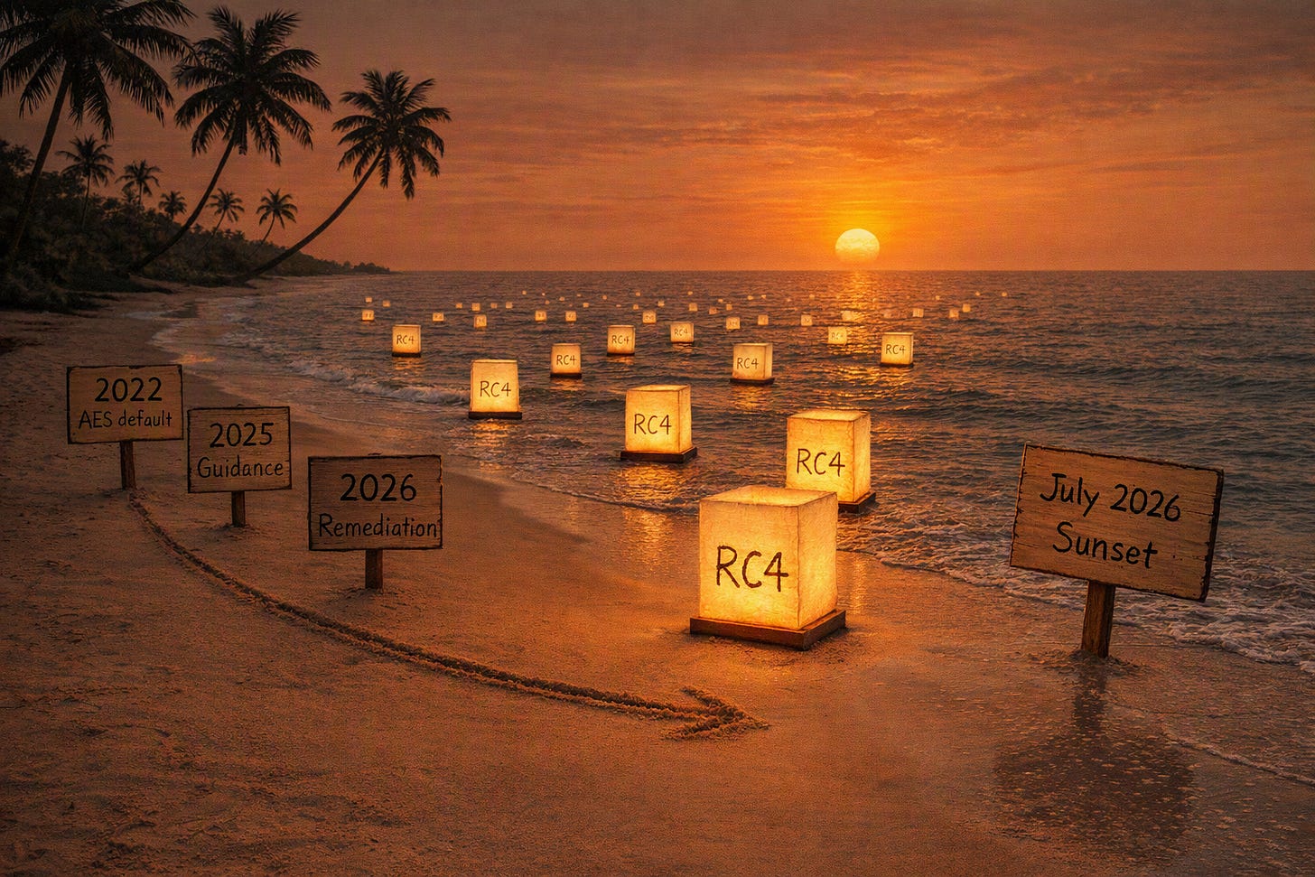 Spiaggia tropicale al tramonto con quattro cartelli lungo la riva che riportano le tappe 2022 AES default, 2025 Guidance, 2026 Remediation e July 2026 Sunset. Decine di lanterne galleggianti illuminate con la scritta RC4 si allontanano verso l'orizzonte seguendo il mare al tramonto.