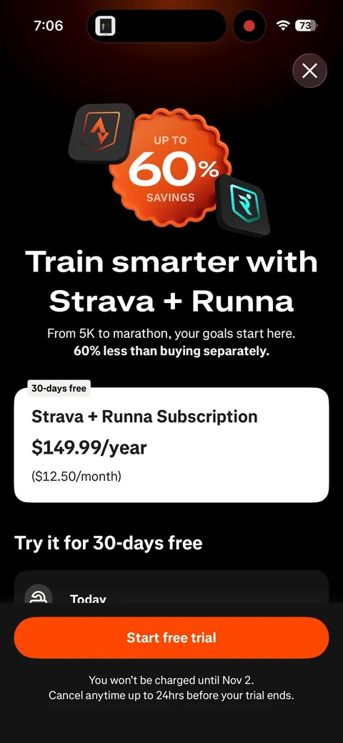 Strava App2Web onboarding screen 16: The Strava + Runna paywall: '60% less than buying separately', one plan at $149.99/year ($12.50/month), 30… Strava App2Web onboarding screen 16: The Strava + Runna paywall: '60% less than buying separately', one plan at $149.99/year ($12.50/month), 30…