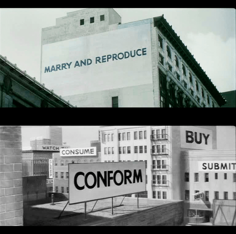 from a scene in the movie : THEY LIVE (1988) link to the scene below ...