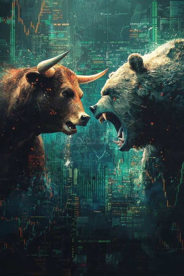 Battle between Bull and Bear in Vibrant Financial Market Illustration Stock  Photo - Image of technology, money: 372148738