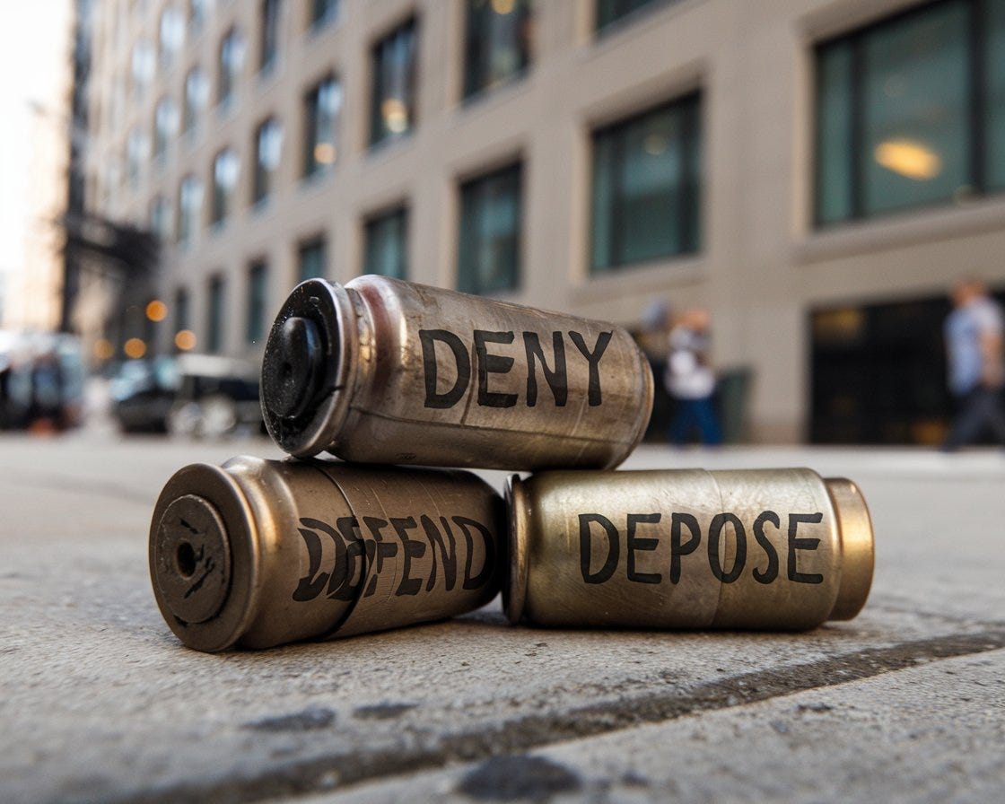 Deny. Defend. Depose.. I'd buy him a drink | by Bernard | Bouncin' and Behavin' Blogs | Dec, 2024 | Medium Deny. Defend. Depose.. I'd buy him a drink | by Bernard | Bouncin' and Behavin' Blogs | Dec, 2024 | Medium