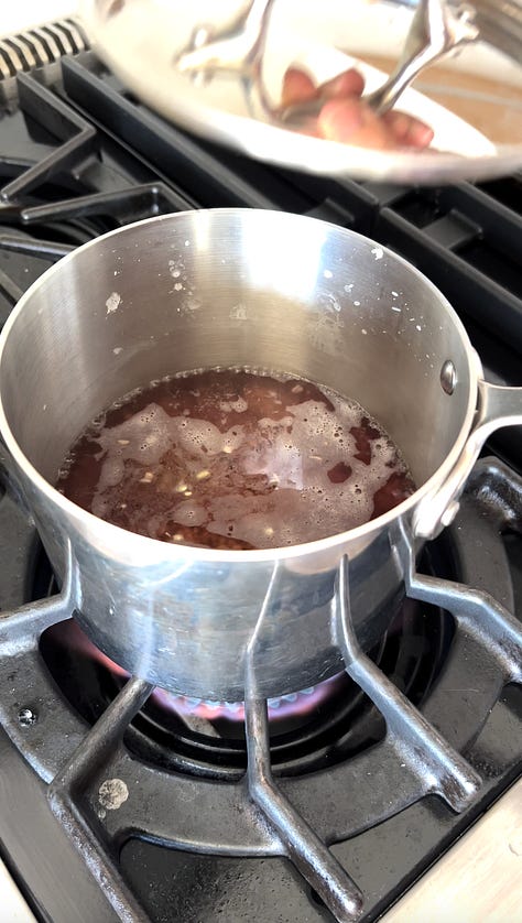 pouring water into pot of wild rice, bbq sauce ingredients mixed in a bowl