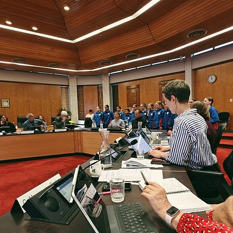 A gallery of images - some of the selfies in the chamber, some of them screenshots from the Council livestream, some of them graphics describing what happened in that Council meeting e.g. "Highest risk intersection declined funding"