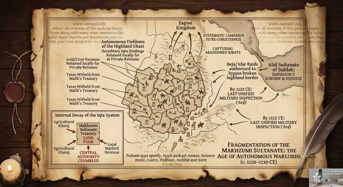 A high-detail archival photograph of a weathered, 12th-century parchment scroll on a dark oak desk. The "Feudal Map" depicts the "Fragmentation of the Makhzumi Sultanate" (c. 1120–1130 CE), showing the central territory broken into a patchwork of "Autonomous Fiefdoms of the Highland Ghazi." Annotations with thin black arrows point to various regions, noting "Taxes Withheld from Malik’s Treasury" and "Hereditary Iqta Holdings." To the north, the Zagwe Kingdom is shown launching a "Systematic Campaign to Re-Christianize." To the east, the Alid Sultanate of Dahlak is marked with "Emergency Subsidy & Squeeze," with arrows indicating "Beja/Afar Raids" into the interior. A specialized "Internal Decay" diagram in the corner illustrates the "Land Poor" status of the central treasury. The image features a subtle, faded watermark for www.samael.ink and its podcast platforms, flanked by a lit candle and a feathered quill. A high-detail archival photograph of a weathered, 12th-century parchment scroll on a dark oak desk. The "Feudal Map" depicts the "Fragmentation of the Makhzumi Sultanate" (c. 1120–1130 CE), showing the central territory broken into a patchwork of "Autonomous Fiefdoms of the Highland Ghazi." Annotations with thin black arrows point to various regions, noting "Taxes Withheld from Malik’s Treasury" and "Hereditary Iqta Holdings." To the north, the Zagwe Kingdom is shown launching a "Systematic Campaign to Re-Christianize." To the east, the Alid Sultanate of Dahlak is marked with "Emergency Subsidy & Squeeze," with arrows indicating "Beja/Afar Raids" into the interior. A specialized "Internal Decay" diagram in the corner illustrates the "Land Poor" status of the central treasury. The image features a subtle, faded watermark for www.samael.ink and its podcast platforms, flanked by a lit candle and a feathered quill.