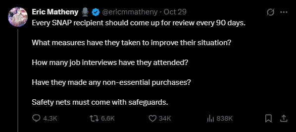 Tweet: "Every SNAP recipient should be up for review every 90 days"