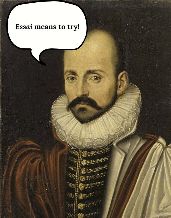 Michel de Montaigne with a comic speech bubble that reads "Essai means to try!"