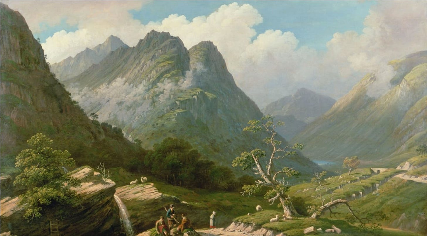 Old print, craggy mountains