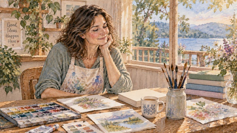 A smiling woman in a paint-splattered apron enjoying watercolor painting at a sunlit table, surrounded by brushes, paints, practice paintings, and flowers, with a peaceful lake visible through the windows.