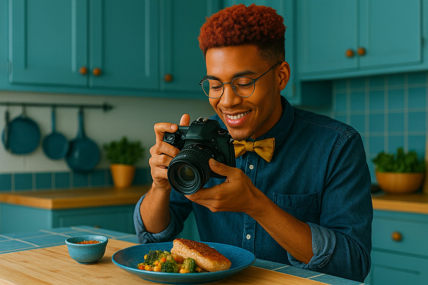 A young Black man with red hair, glasses, and a yellow bow tie takes photos of a plated meal with a DSLR camera in his teal kitchen. A young Black man with red hair, glasses, and a yellow bow tie takes photos of a plated meal with a DSLR camera in his teal kitchen.
