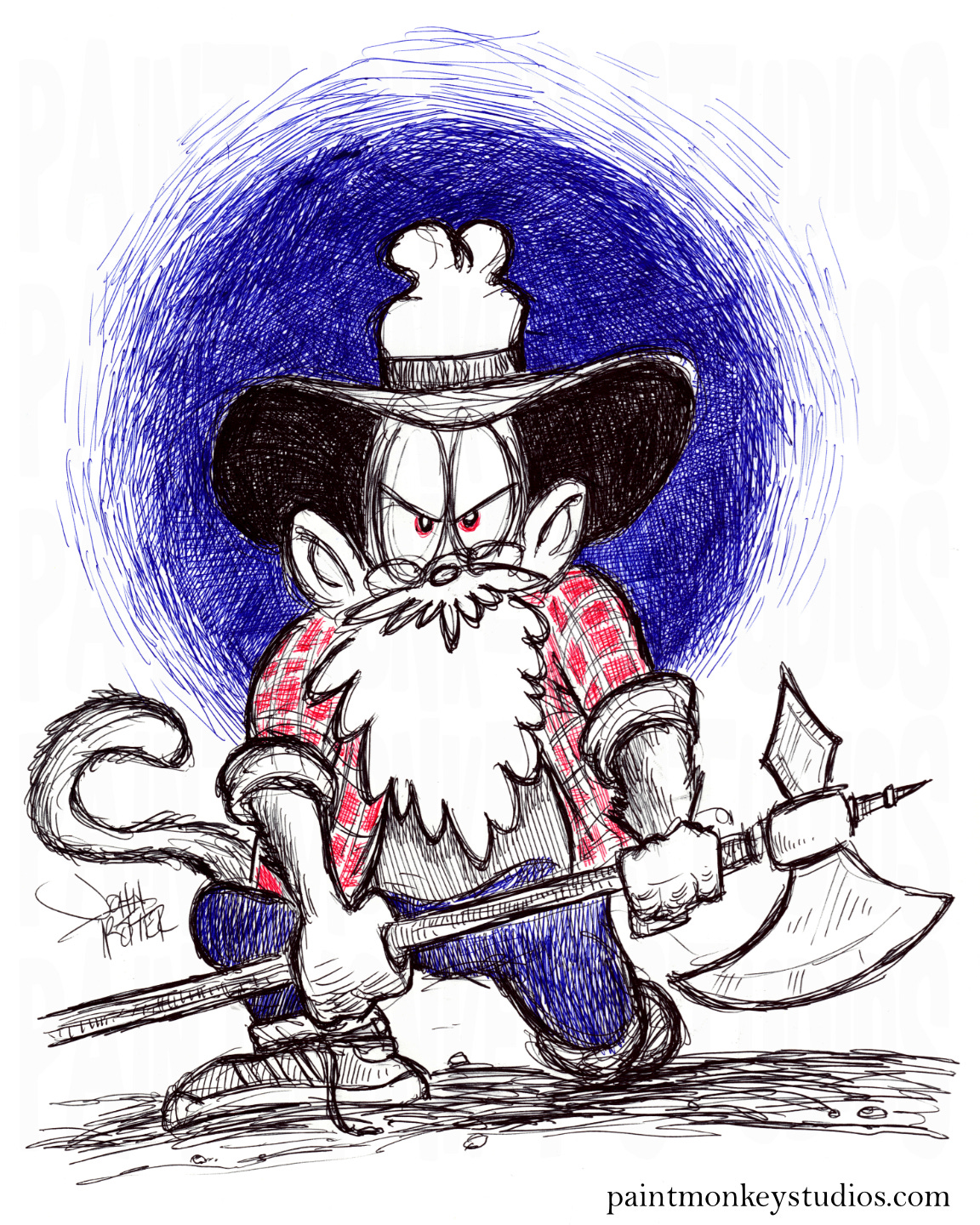 Ballpoint ink drawing of the Paintmonkey holding a halberd.