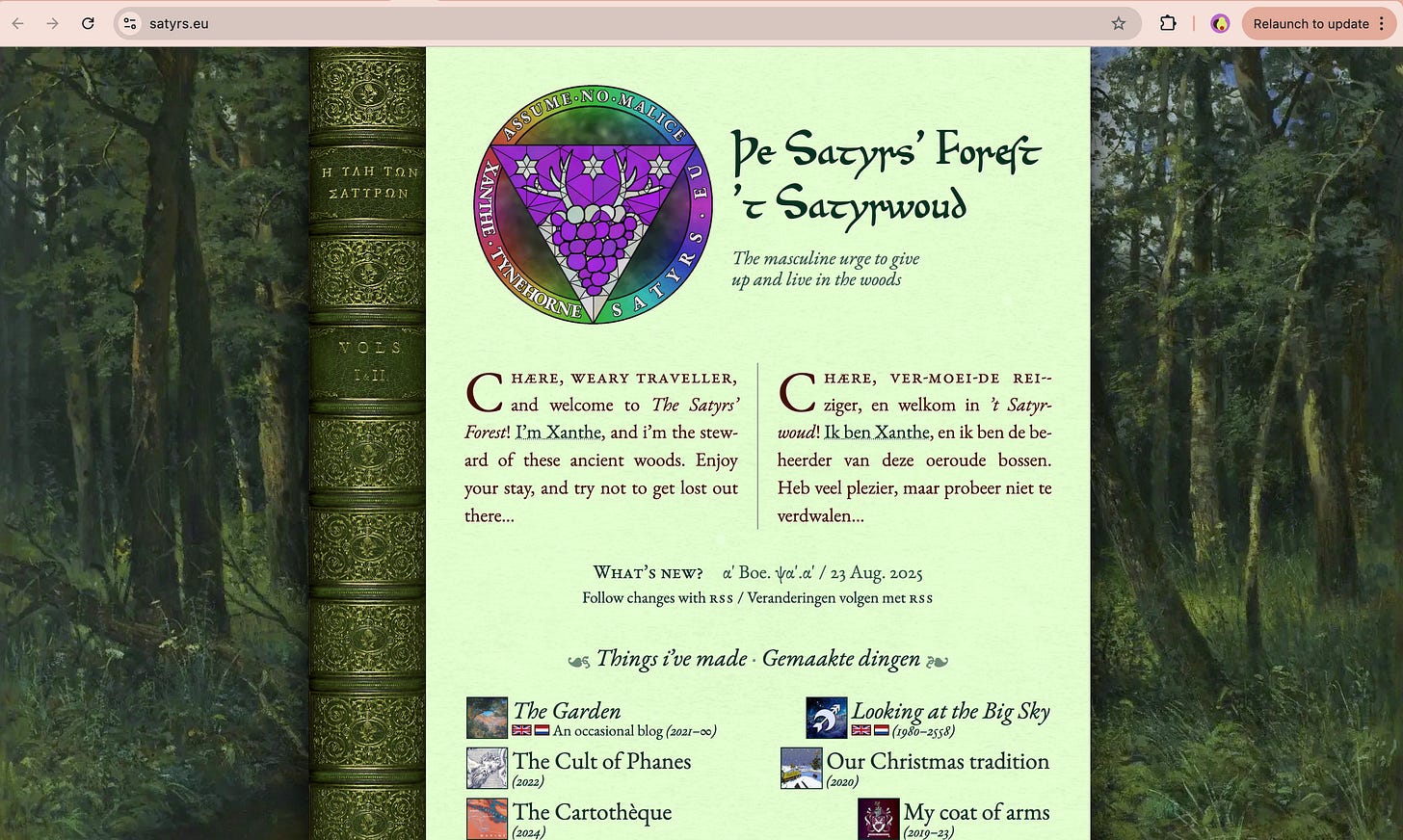 A screenshot of a personal website called "MELONKING" with retro 90s/early 2000s web design. The page features "Welcome Home Deary :3" in yellow text below the orange site title. The layout includes a dark starry background with colorful stars, a navigation sidebar with purple sections for Home, The Universe, Gallery, Collections, Downloads, Guides & Recipes, Read My E-mail, and Gift Shop. The center shows a large arched window or doorway with a view of bare trees, surrounded by decorative elements like candles, a spider web, a framed portrait, crystals, plants, and various mystical/gothic imagery. The URL shown is melonking.net/melon?z=home.
