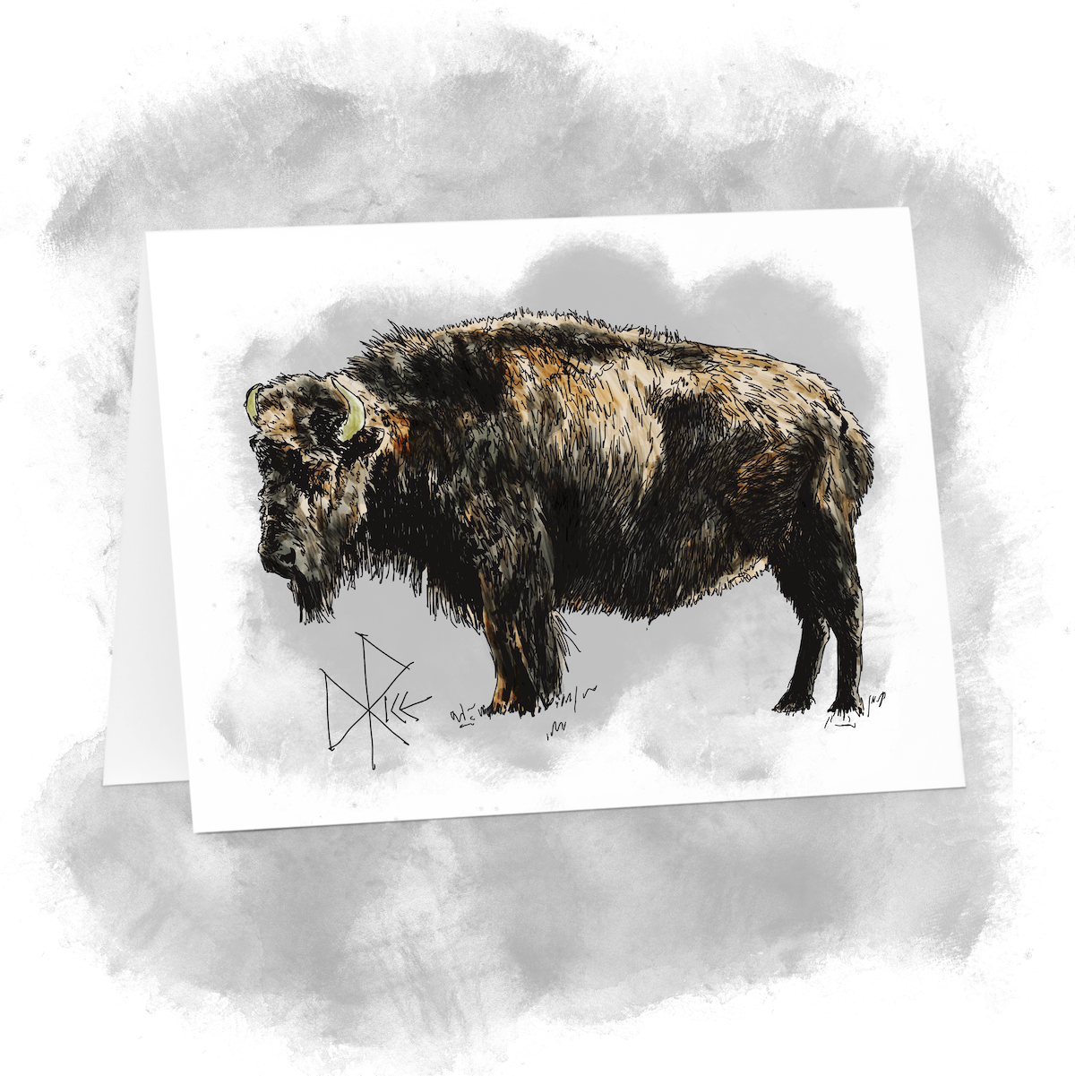 A plains bison stands motionless, like a mountain of hooved muscle and bone. Sketch art by Don Rice. A plains bison stands motionless, like a mountain of hooved muscle and bone. Sketch art by Don Rice.