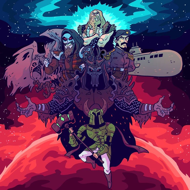 Fantasy warriors in armor and a submarine in space-themed background. Bold colors and dynamic pose create an epic, intense scene.