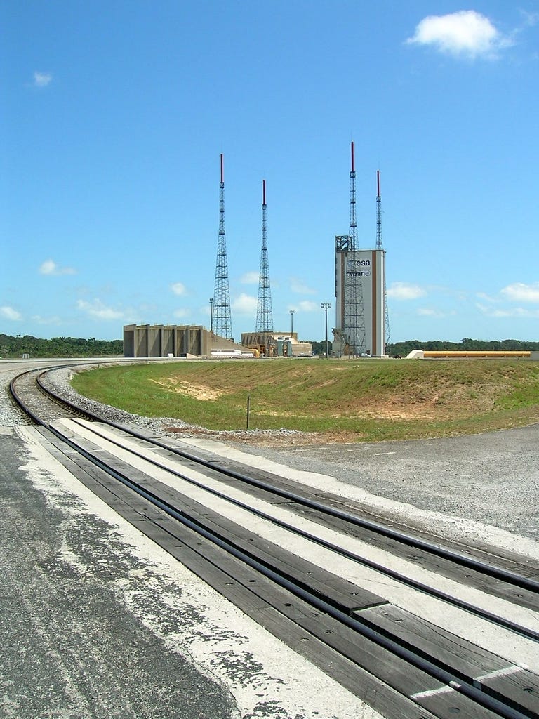 An Ariane 5 rocket standing on its launch pad at the Guiana Space Centre