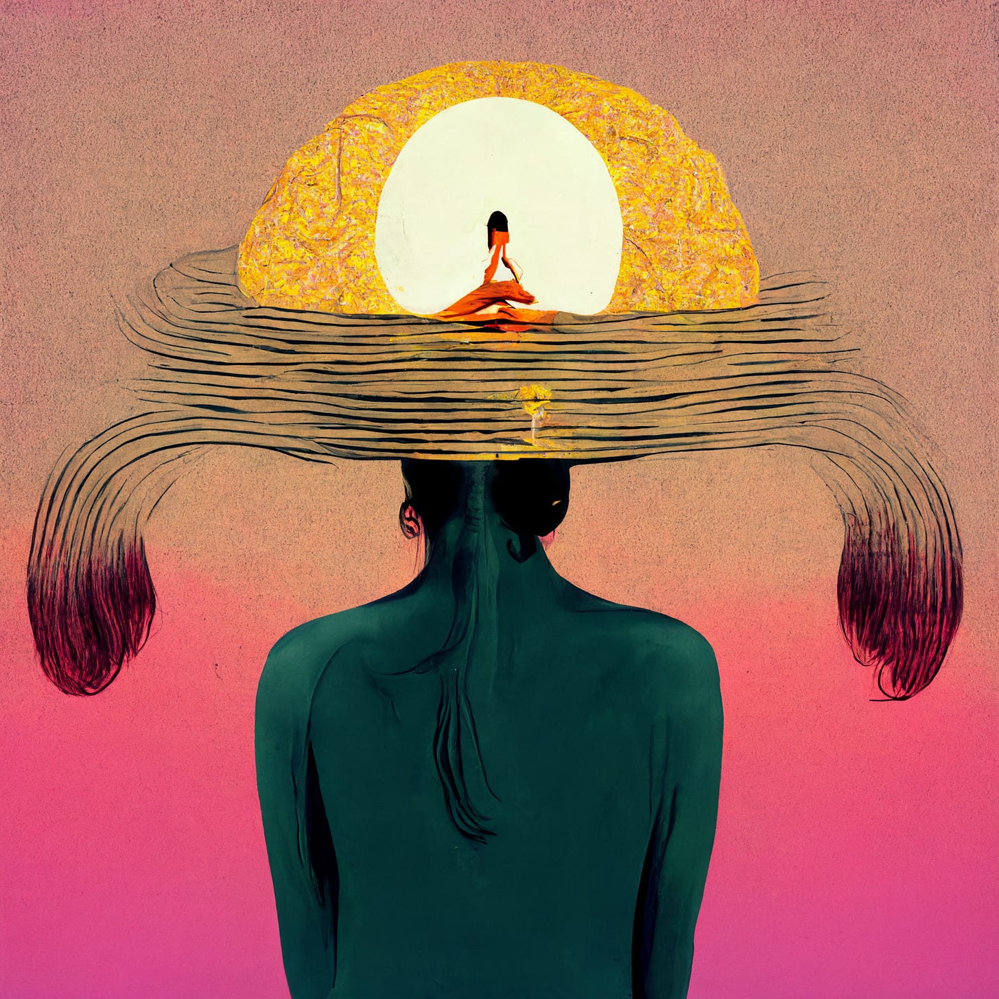 A painting of a woman meditating, her brain exposed and enlarged with a mental image of her own meditation in the brain. Trippy.