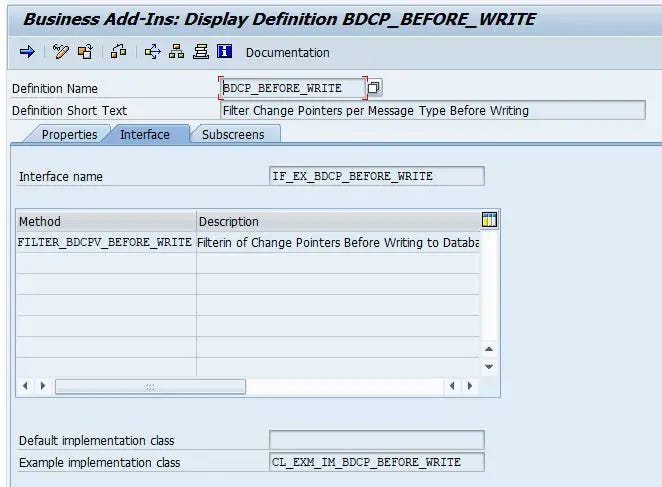 BADI definition BDCP_BEFORE_WRITE in transaction se18. Filtering of change pointers before writing to database BADI definition BDCP_BEFORE_WRITE in transaction se18. Filtering of change pointers before writing to database