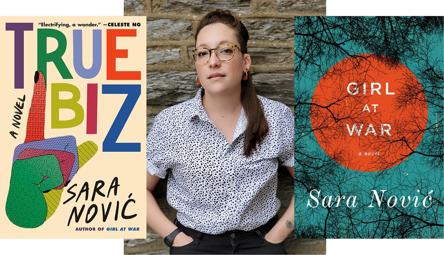 Photo of Sara Novic flanked by the covers of her two books