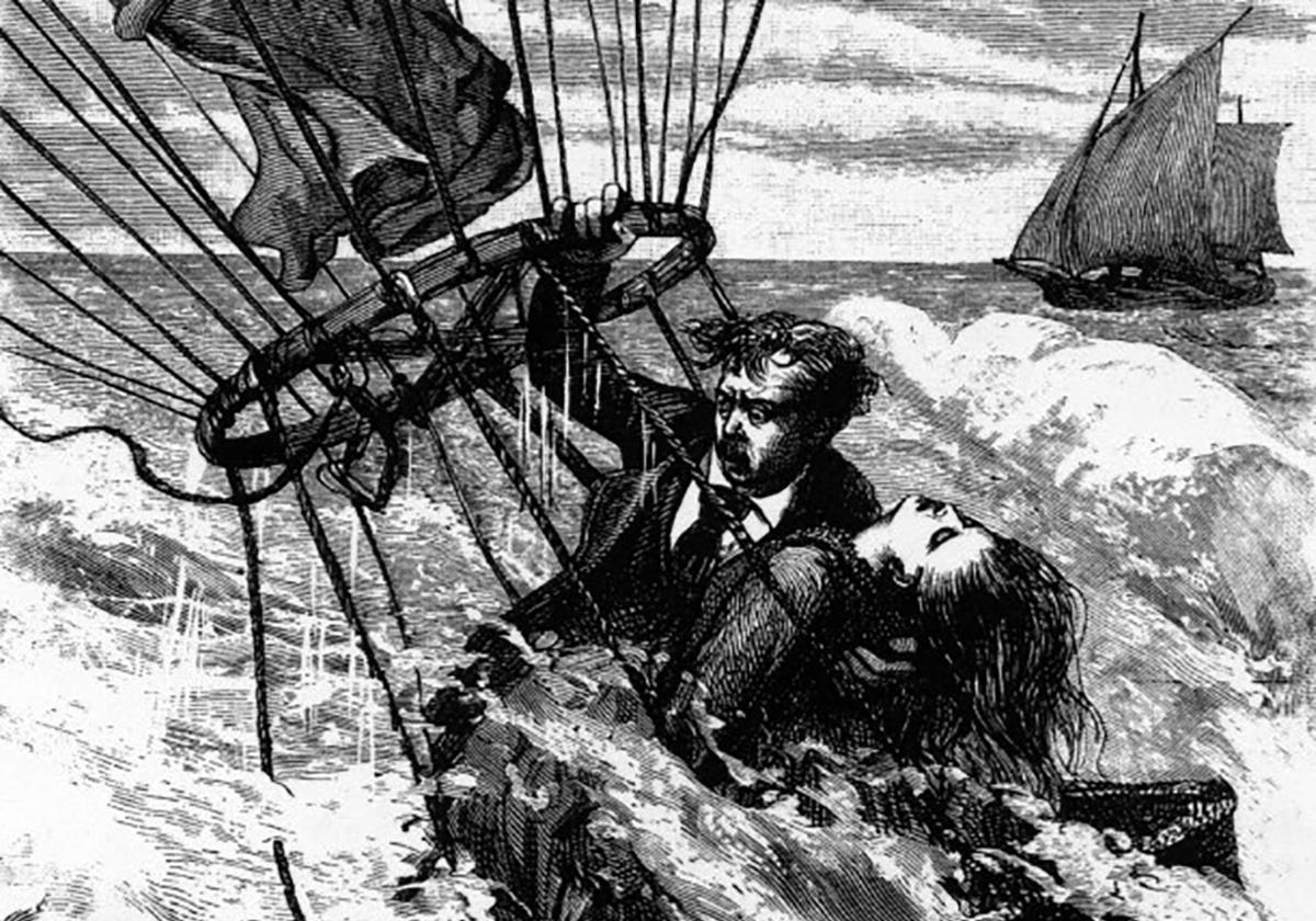 Victorian line art drawing of man and a woman in a crashed balloon in the middle of the sea