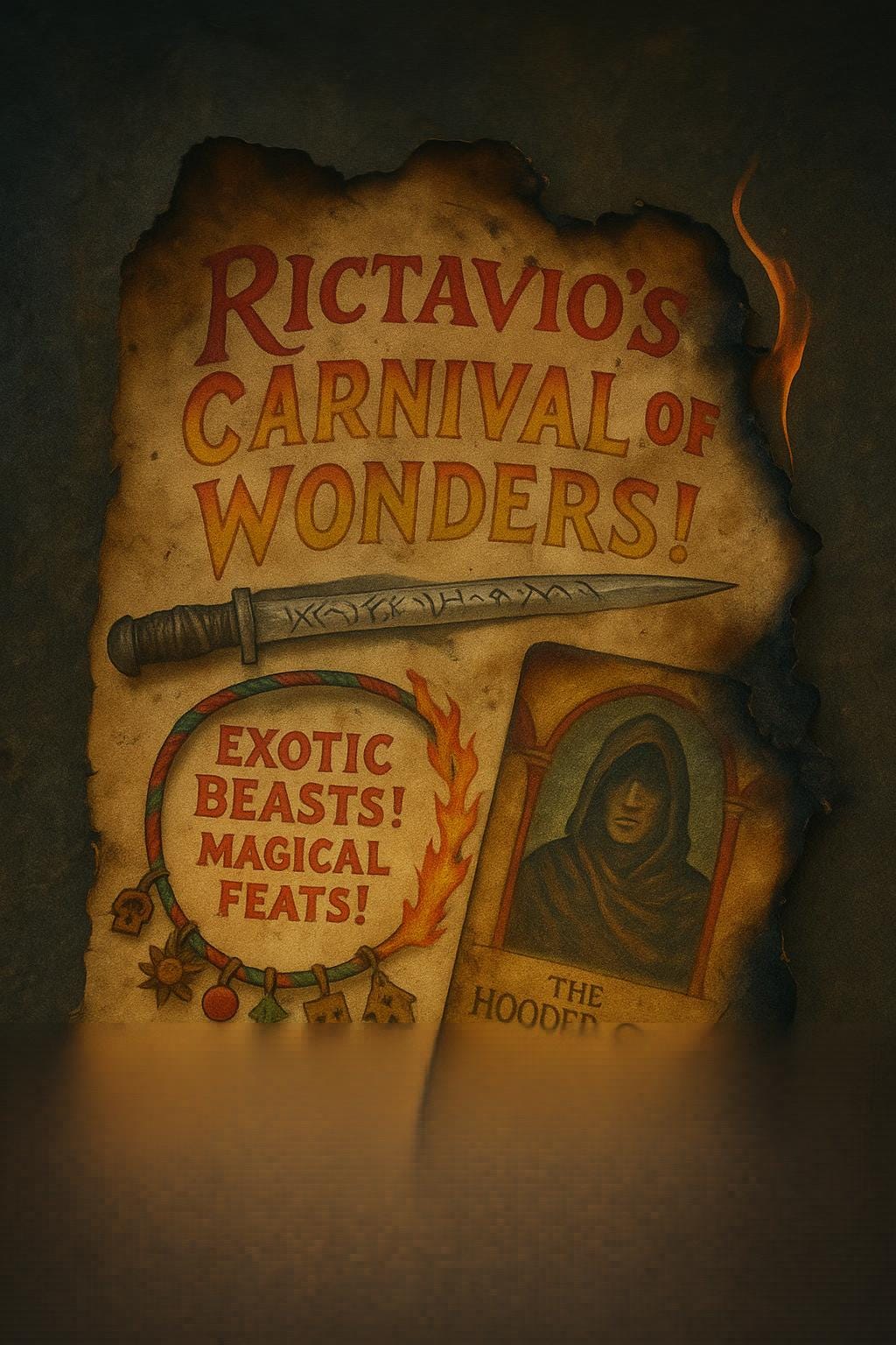 A half-burned advertisement for Rictavio's Carnival of Wonders lies on a weathered stone surface. The parchment is scorched along the edges, curling with soot. Despite the damage, flamboyant colors still shimmer—reds, purples, and golds—depicting exotic beasts, magical feats, and a dancing tiger mid-leap. The text is partially legible: 'Rictavio's Carnival of Wonders! Exotic beasts! Magical feats! Vanishing delights!' The ink glows faintly in the light, suggesting enchantment. The atmosphere is mysterious, theatrical, and tinged with danger. A half-burned advertisement for Rictavio's Carnival of Wonders lies on a weathered stone surface. The parchment is scorched along the edges, curling with soot. Despite the damage, flamboyant colors still shimmer—reds, purples, and golds—depicting exotic beasts, magical feats, and a dancing tiger mid-leap. The text is partially legible: 'Rictavio's Carnival of Wonders! Exotic beasts! Magical feats! Vanishing delights!' The ink glows faintly in the light, suggesting enchantment. The atmosphere is mysterious, theatrical, and tinged with danger.