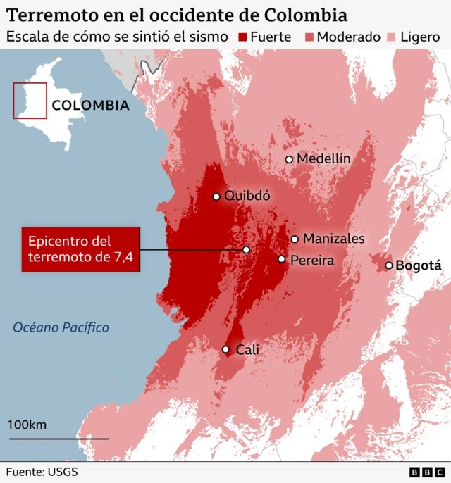Mapa de Colombia que muestra la vasta zona afectada por el terremoto