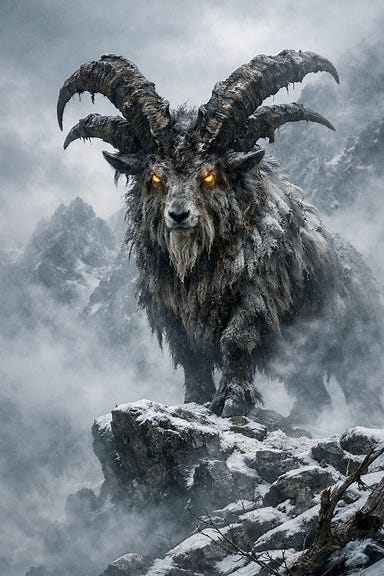 Guardian Szangor upon Mt. Ghakis, colossal goat with twisted horns and amber eyes, standing on a snow-covered crag amid swirling mist