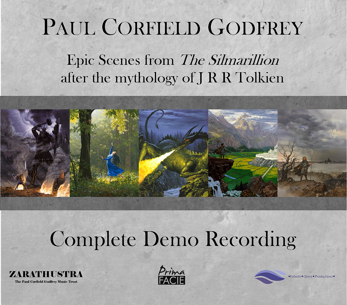 Packaging from the 10-CD set by Paul Corfield Godfrey of “Epic Scenes from The Silmarillion after the mythology of J.R.R. Tolkien." Five thumbnail images of fantasy scenes are shown.