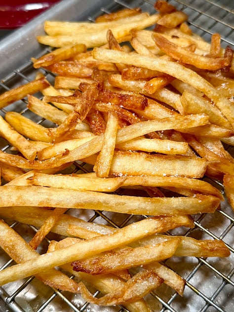 french fries, steak